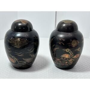 2 Vintage Tricolor Brass Swan Ginger Jar Urn Metal Lake Scene Asian Sunset India